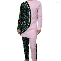 Men's Tracksuits Full Sleeves Patchwork Sets Pink Cotton Groom Suit Male Top Pant African Wedding Wear Occasion's Outfits