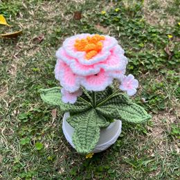 Decorative Flowers Crocheted Peony Potted Artificial Plant Hand-Knitted Cute Gift For Mother Home Room Table Desktop Decoration Accessories