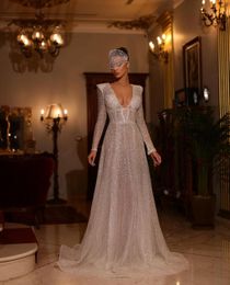 Sparkly Aline Prom Dresses Long Sleeves V Neck Appliques Sequins Beaded Floor Length 3D Lace Hollow Zipper Evening Dress Bridal Gowns Plus Size Custom Made
