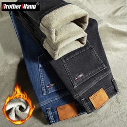 Mens Jeans Winter Warm Fleece Straight Business Casual Stretch Soft Thicken Denim Pants Plus Size 40 42 44 Loose Trousers 231110