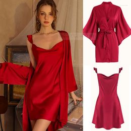 Women's Sleepwear Female Twinset Robe Set Sexy French Style Nightgown Spring Summe Kimono Bathrobe Gown Loose Silk Satin Home Dress