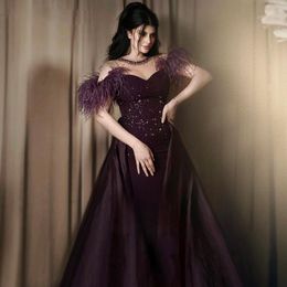 Dark Purple Feather Evening Dresses Beaded Neck Mermaid Celebrity Gown Detachable Train Females Birthday Receiption Wear
