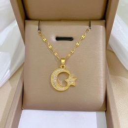 Pendant Necklaces Stainless Steel Necklace For Women Lover's Gold Color Micro Paved Crystal Moon & Star Engagement Jewelry
