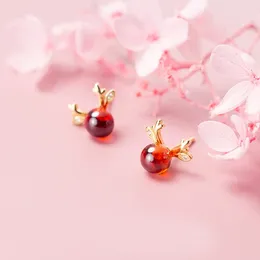 Stud Earrings MloveAcc Real 925 Sterling Silver Golden Elk Deer Antlers With Garnet Crystal Bead For Women Girls Jewelry