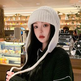 Berets Korean Style Solid Colour Ear Protection Knitted Bomber Hat Women Autumn Winter Warm Strap Flying Lei Feng Men Thick Wool