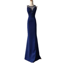 Stretchy Navy Prom Dresses Mermaid Beaded Lace Appliques Evening Gown Scoop Neck Sleeveless Princess Dark BlueParty Formal Dress