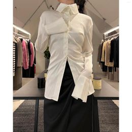 Women's Blouses 2023 Early Spring Silk Jacquard Drawn Pleated Fold Waist Lapel Long-sleeved Shirt Women