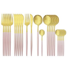 Pink Gold Cutlery Set Stainless Steel Dinnerware 24Pcs Knives Forks Coffee Spoons Flatware Kitchen Dinner Tableware 2110232382