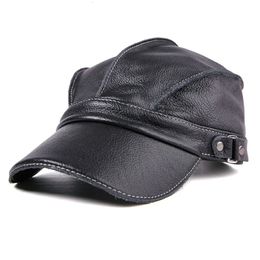 Ball Caps Fashion Unisex High Quality Real Leather Military Sailor Hat Men Black Brown Flat Top Captain Cap Travel Cadet 231110