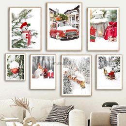 Paintings Scenery Picture Canvas Painting Wall Art Winter Santa Christmas Gift Pine Red Car Gold Train Poster and Print for Home DecorL231111