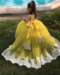 Girl Dresses Long Sleeve Yellow Flower Tulle Bow White Appliques Wedding Princess Birthday Party Robe First Communion Prom Gown