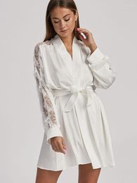 Women's Sleepwear Linad Lace Patchwork Bathrobe Female Casual Long Sleeve V Neck Sashes White Robes For Women Summer Clothing