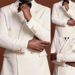 Men's Suits White Men's Tailor-Made 2 Pieces Blazer Pants Double Breasted Gold Buttons Business Wedding Groom Tailored Plus Size