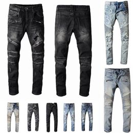 Mens Designer Jeans Distressed Ripped Biker Slim Fit Motorcycle Biker Denim For Men s Fashion Mans Black Pants pour hommes2561