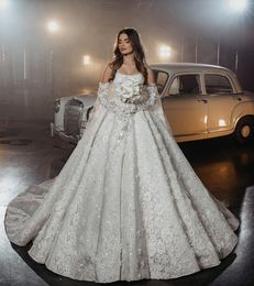 Elegant Ball Gown Wedding Dresses Bateau Long Sleeves Straps Sequins Appliques Beaded Floor Length Ruffles 3D Lace Flowers Bridal Gowns Plus Size Vestido de novia