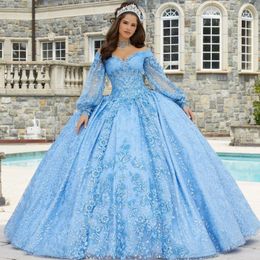 2024 Sky Blue V-Neck Quinceanera Dress Appliques Handmade Flower Beads Ball Gowns Vestidos De 15 Anos