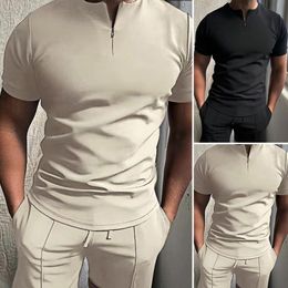 Men's Tracksuits 2 Pcs/Set Men T-shirt Shorts Set Solid Colour Stand Collar Zipper Short Sleeves Stretchy Waist Summer Tops Pants Set Daily Clothe 230410