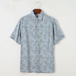Men's Casual Shirts Men Dress Shirt Vintage Blue Printed Silk Cotton European Plus Big Size Short Sleeve Turn Collar Vation Summer Top