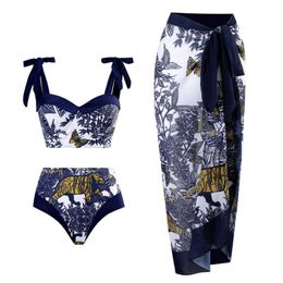 Women's Swimwear MUOLUX Female Retro Patchwork Print Chic 3 Piece Push Up Swimsuit Holiday Beach Dress Designer Bathing Suit Summer Surf Wear 230411