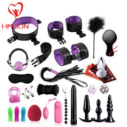 Cockrings HMOON Bdsm SexLove Set Kits Adults Handcuff Nipple Clamps Whip Spanking Metal Anal Plug Vibrator Butt Toys for Women Men 230411