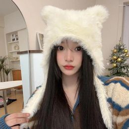 Berets Fluffy Fur Bear Ear Winter Earmuffs Cap For Women Girl Solid Color Plush Skullcaps Beanies Casual Ski Snow Warm Bonnet Hat