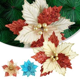 Decorative Flowers Christmas Poinsettia Glitter Flower Hanging Xmas Party Tree Decoration Bling For Wreaths Rattan DIY Ornament