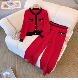 Women's Two Piece Pants New Autumn Winter Sweater Trousers Suit Women O Neck Single Breasted Knitted Loose Cardigan Wide-Leg Pants Two Piece Set 2024
