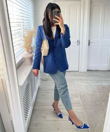 Nxy Sandals Women's Blue Pumps Summer Cute Shiny Bow Slingback Comfort Plus Size Heels Female Elegant Pointed Toe 230406
