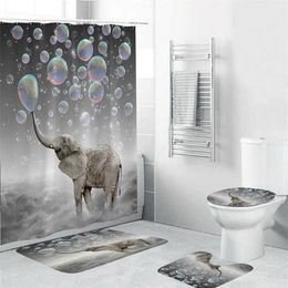 4pcs Elephant Waterproof Polyester Bubbles Bathroom Shower Curtain Toilet Cover Mat Non-Slip Floor Mat Rug Set with 12 Hooks LJ201217H