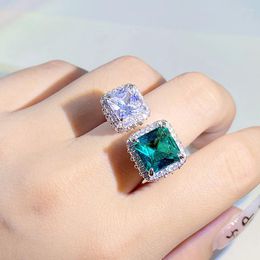 Cluster Rings Creative Square Green Gem Engagement Ring Opening Full Inlaid Zircon Exquisite And Luxurious 925 Silver Jewelry For