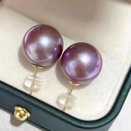 Stud Earrings 12-14 Mm Round Large Freshwater Cultured Purple Edison Pearl 925 Silver