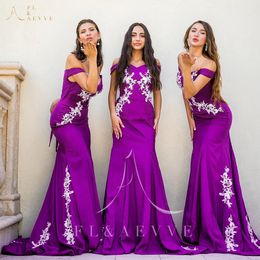 2023 Purple Bridesmaid Dresses Mermaid with Lace Applique Satin Sweep Train Corset Back Ruched Custom Made Plus Size Maid of Honour Gowns Vestidos