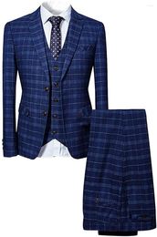 Men's Suits Blue Grid 3Pcs Jacket Pants Vest Men's Sets Plaid Classic Wedding Clothing Notch Lapel Vintage Prom/Dinner Blazer Trousers