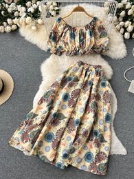 Two Piece Dress FTLZZ Summer Womens Two Piece Sexy Slanted Neck Puff Sleeve Crop Top and Empire Slim Fit Casual Womens Print Set 230410