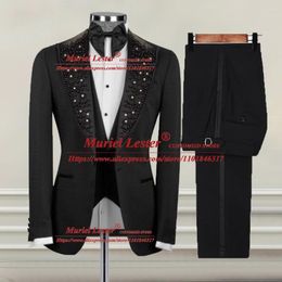 Men's Suits Black Formal Wedding For Men Beaded Laple Jacket Male Fashion Single Breasted Blazer Vest Pants 3 Pieces Business Wear Set