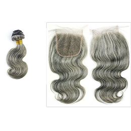 Short Grey body wave human hair weaving bundles silver grey hair extension salt and pepper natural grey weft 100gx2/pack with 4"*4"lace closure bunldle 10"