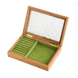 Jewellery Pouches E15E Solid Wood Box Glass Dust-Proof Flip Cover Necklace Storage Cases Rings Earrings Display Wooden