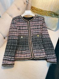 2023 Autumn Multicolor Plaid Print Panelled Tweed Jacket Long Sleeve Round Neck Buttons Classic Jackets Coat Short Outwear A3O116532