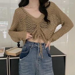 Women's Sweaters Y2k 2023 Girl Cropped Sweater Women V-neck Hollow Sexy Solid Colour Casual Loose Long Sleeve Blouse Drawstring