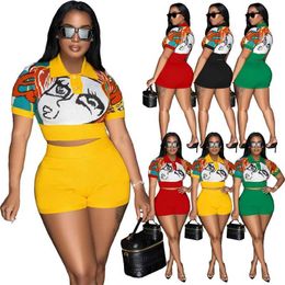 Womens Designer Clothing Casual Tracksuits Two Piece Outfits 2023 New Style Fashion Printed Polo Collar Cashmere Thread Spliced Shorts Sleeve Shorts Set