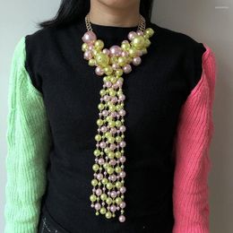 Chains 2023 Trendy Design Pink Green Vintage Big Pearl Layers Fringe Charm For Women Dress Party Necklaces