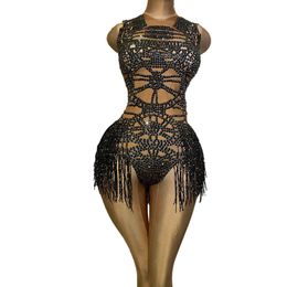 Women's Jumpsuits Rompers Fashion Tight Fitting Crystal Tassel Nude Dancer Bodysuit Women Sleeveless Elastic Leotard Nightclub DS Dance Outfits 230410