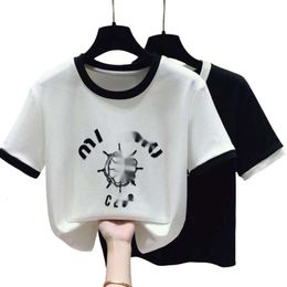 Miumius T-shirt Designer Luxury Fashion Women Korean Version Summer New Western Style Slim Fit Round Neck Printed Short Sleeve Top