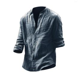 Men's T Shirts Men's Spring/Summer Line Solid Casual Standing Collar Long Sleeve Shirt Linen Cardigan Men Big And Tall