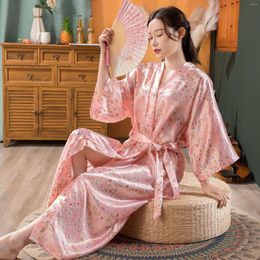 Women's Sleepwear Silky Floral Printing Long Kimono Robe Bathrobe Women Silk Bridesmaid Robes Sexy Satin Ladies Dressing Gowns