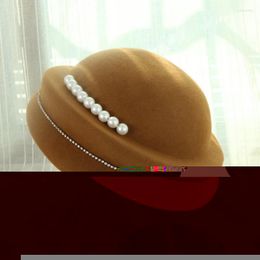 Stingy Brim Hats 2023 Black Wool Hat Womens Beret Autumn Winter Fedora Pearl Elegant Cloche Felt Female Dress