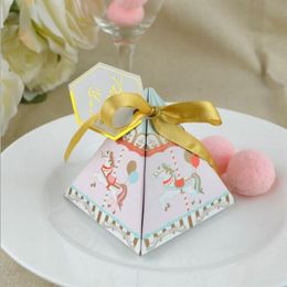 Cute Carousel Style Triangular Pyramid Baby Shower Candy Box Baby Baptism Birthday Party Supplies Gift Box 100pcs245G