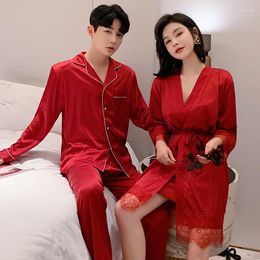 Women's Sleepwear Pyjamas Set Women Nightwear Long Sleeve Couple Homewear Shirt Pant Ice Silk Robe 2Pcs Loose Nightdress Loungewear