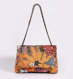 Duffel Bags Fitshinling Pure Linen Chain Bag Hand-made Embroidery Shoulder Crossbody Women's Flip Large Capacity Sequin