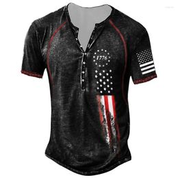 Men's T Shirts Vintage American Flag Shirt Short Sleeve Gothic Henley For Men Oversized Tee Man Punk Button V-neck Streetwear 5xl